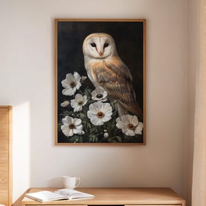 Barn Owl with White Anemone Flowers | Vintage Woodland Bird Canvas Wall Art | Nature-Inspired Animal Decor for Cottagecore Aesthetic