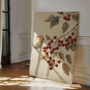 Vintage Red Berries Canvas Art, Botanical Wall Decor, Rustic Nature Print, Farmhouse Style Painting, Antique Botanical Poster