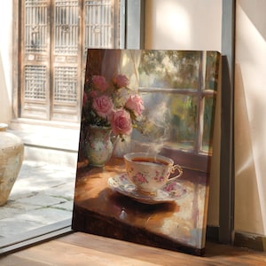 May include: A painting of a cup of tea with steam rising from it, a vase of pink roses, and a window with a view of a garden. The painting is on a wooden surface.