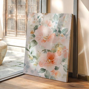 Peach Watercolor Floral Art - Soft Blooming Flowers with Greenery, Ideal for Elegant Home Decor and Floral-Inspired Interiors