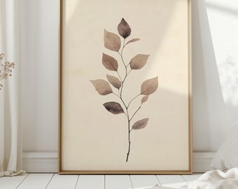 May include: A framed print of a watercolor painting of a brown branch with leaves on a beige background.