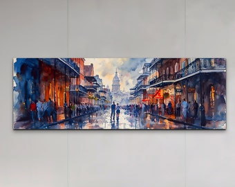 May include: A watercolor painting of a street scene in New Orleans, Louisiana. The painting depicts a street lined with buildings, with a large dome-shaped building in the distance. People are walking along the street, and there are trees and streetlights on either side.