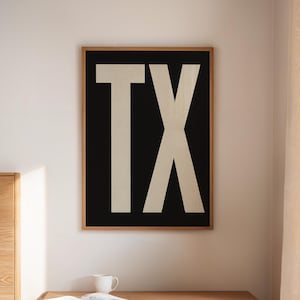 Arte mural tipográfico de Texas: letras modernas de Texas en blanco y negro, póster minimalista del oeste para decoración rústica del hogar o la oficina.
