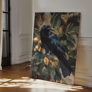 Raven Art Print - Gothic Crow Canvas Wall Art, Vintage Nature-Inspired Decor, Dark Botanical Aesthetic for Home or Office