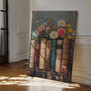 Vintage Floral Bookshelf Canvas Wall Art - Rustic Flowers and Classic Books Painting, Unique Home Library or Office Decor