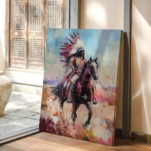 Native Warrior on Horseback Canvas Art, Bold Indigenous Painting, Southwest Wall Decor, Colorful Western Art, Historical Home Accent