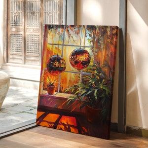 May include: A painting of a window with two disco balls hanging from the ceiling. The disco balls are reflecting light and casting shadows on the wall. There is a potted plant in the windowsill.
