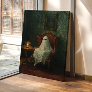 Vintage Ghost in Victorian Chair Canvas – Spooky Whimsical Haunted Wall Art for Halloween or Gothic Home Décor