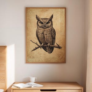 Vintage Owl Illustration Canvas Print | Detailed Sepia Drawing of Owl on Branch for Rustic Cabin or Nature Inspired Wall Decor