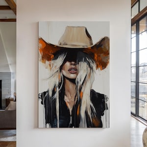Abstrakte Cowgirl-Wandkunst - Moderne westliche Leinwand mit blonder Frau im Cowboyhut, rustikaler Bauernhausstil für einzigartiges Dekor