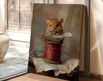 Vintage peinture à l'huile de souris, art mural animal mignon, décoration rustique de salle de couture, illustration fantaisiste de rongeur, toile de souris Cottagecore