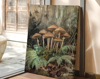 Art mural champignon vintage - impression botanique aquarelle de champignons forestiers, toile nature boisée pour cottagecore ou décoration rustique