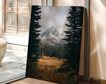 Snow Capped Mountain Wall Art Print, Alpine Landscape Canvas, Pine Forest Nature Photography Poster, Rustic Cabin Wall Decor