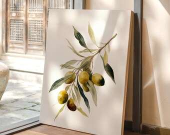 オリーブの枝の水彩画プリント。キッチンの壁アート。素朴なキッチンの