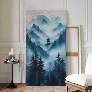 Misty Blue Mountain Pagoda canvas - serene zen landschap muurkunst - rustige Aziatische inkt schilderij - mistige natuurscène