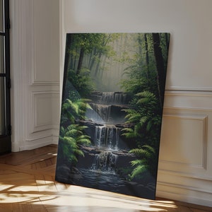 Multi-Tier Forest Waterfall Canvas Wall Art - Serene Lush Greenery Landscape for Relaxing Home or Office Decor