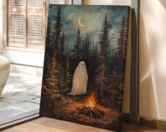 Geister-Lagerfeuer-Szene im gruseligen Wald | Crescent Moon Halloween Leinwand Kunst | Verwunschener Herbst Dekor mit gemütlichem Feuer