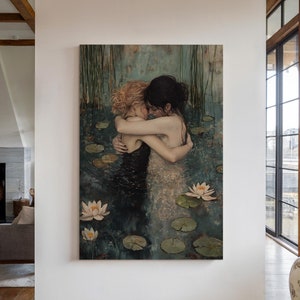 Gefühlvolle Umarmung im Lily Pond Leinwand-Wand-Kunst - Romantisches und Gelassenes Natur-inspiriertes Dekor - Intimes künstlerisches Poster