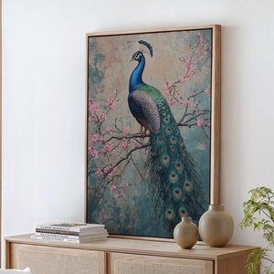 Majestic Peacock Wall Art | Vibrant Bird Canvas Print | Exotic Peacock with Blossoming Flowers | Perfect Nature-Inspired Decor