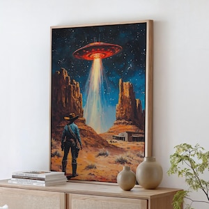 Alien Abduction in Western Desert - UFO Cowboy Canvas Art - Vintage Sci-Fi Western Wall Decor for Home or Office