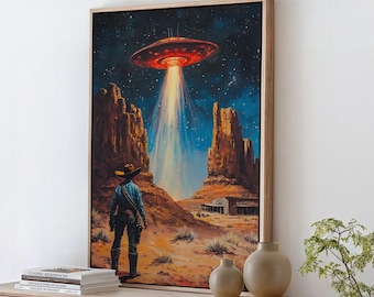 Alien Abduction in Western Desert - UFO Cowboy Canvas Art - Vintage Sci-Fi Western Wall Decor for Home or Office