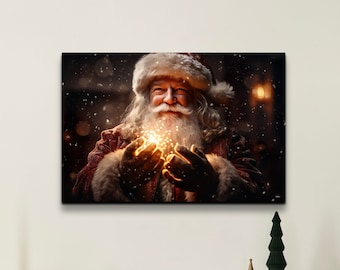 Santa With Magic In His Hands Painting, Santa Canvas Print, Enchanted Santa Art Print, Christmas Wall Decor, Christmas Art Print kooly