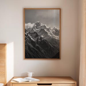 Monochrome Mountain Range Wall Art – Majestic Snowy Peaks Landscape Canvas for Rustic or Minimalist Decor