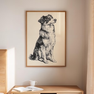 Border Collie Wall Art – Vintage Dog Ink Drawing Print, Black and White Farmhouse Pet Decor, Loyal Herding Dog Line Art Poster
