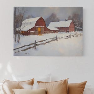 Rustic Red Barn Winter Scene – Cozy Snowy Farm Landscape Canvas Art, Country Christmas Wall Decor for Holiday Home Style