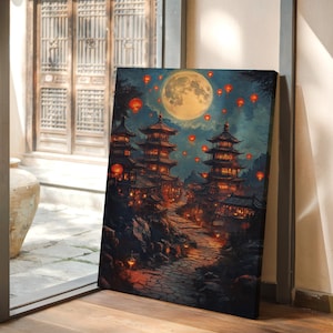 Lantern Festival Nightscape - Glowing Pagodas, Full Moon & Floating Lanterns Canvas Wall Art for Tranquil Home Decor
