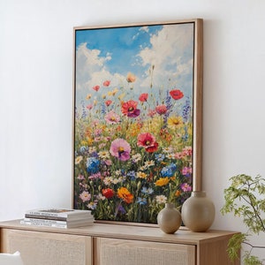 Wildflower Meadow Canvas Art - Colorful Poppies, Daisies & Lavender Against a Vibrant Blue Sky, Stunning Floral Landscape Wall Decor