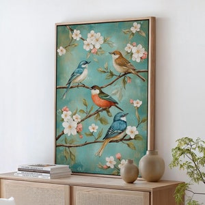 Colorful Songbirds on Blossoming Branches Canvas Art – Vibrant Nature-Inspired Spring Wall Decor for Bird Lovers