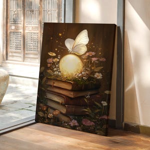 Magical Butterfly on Glowing Orb Canvas, Fairy Tale Book Stack Wall Art, Enchanted Floral Fantasy Print for Cozy Cottagecore Decor