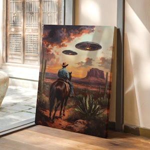 Cowboy and UFO Canvas Art, Western Sci-Fi Wall Decor, Alien Encounter at Sunset, Surreal Desert Painting for Rustic Spaces