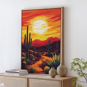 Desert Sunset Cactus Canvas | Vibrant Southwestern Wall Art | Bold Sunset Landscape Print | Cactus Art Decor for Desert Lovers