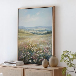 Tranquil Wildflower Meadow Canvas Art - Rolling Hills & Pastoral Countryside Landscape for Nature-Inspired Wall Decor