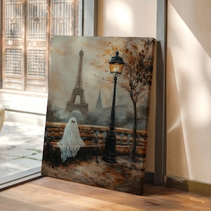 Ghostly Parisian Bench Scene - Vintage Oil Painting with Eiffel Tower and Autumn Charm, Unique Halloween Wall Art