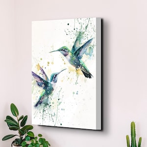 Watercolor Turquoise Hummingbirds Ready To Hang Portrait Canvas Wall Art