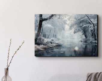 River with Snow Landscape Canvas Print, Snowy Landscape Painting, Snowy Forest Decor Wall, Winter Wall Art, winter Artwork, Winter Nature