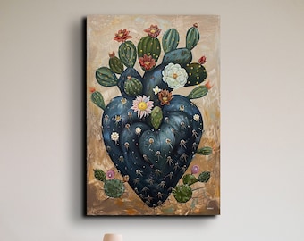 The Black Thorned Cactus Heart Ready To Hang Canvas Wall Art, Southwestern Canvas Wall Art
