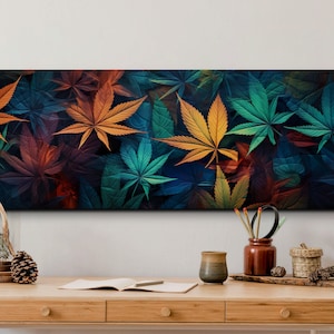 Panoramic Pot Leaf Canvas Wall Art, Colorful Panoramic Decor, Stoner Art, Lofi Pot Leaf Canvas Wall Art