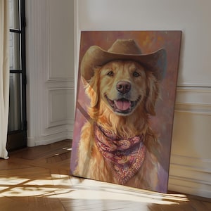 Cowboy Dog Wall Art, Golden Retriever Western Print, Rustic Country Decor, Funny Farmhouse Painting, Whimsical Ranch Style Canvas