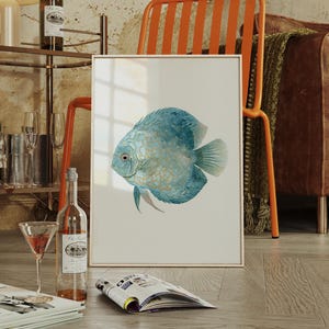 Watercolor Discus Fish Wall Art Print, Coastal Ocean Marine Animal Illustration for Beach House, Bathroom, or Nautical Inspired Decor