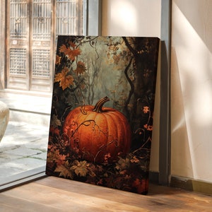 May include: A painting of a large orange pumpkin sitting in a bed of autumn leaves. The pumpkin has a green stem and is surrounded by brown and yellow leaves. The background is a blurry forest scene.