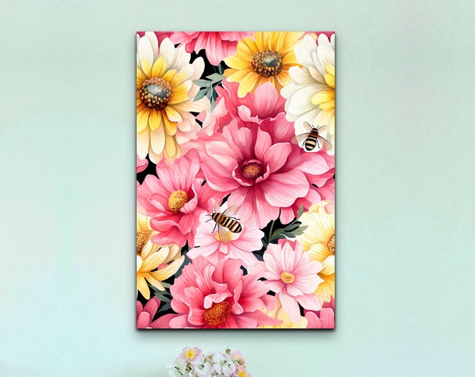 Wildflowers and Bumble Bees Watercolor Canvas Wall Art Print Ready to Hang