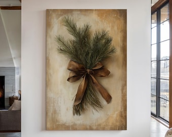 Vintage canvaskunst dennentak, rustiek vakantiedecor, kerstmuurafdruk met gouden lint voor gezellige boerderijstijl