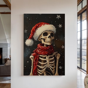 Skeleton Christmas Canvas - Gothic Holiday Wall Art - Spooky Christmas Decor - Vintage Skull Winter Painting - Dark Academia Xmas Print