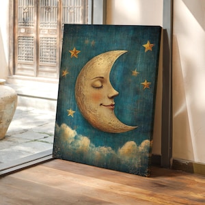 Smiling Moon Canvas Wall Art, Vintage Celestial Nursery Decor, Whimsical Crescent Moon and Stars Poster for Kids Bedroom or Playroom