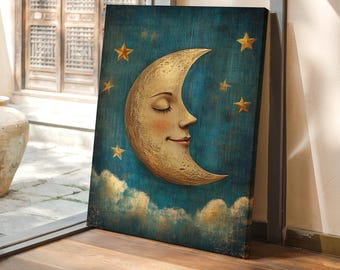 Smiling Moon Canvas Wall Art, Vintage Celestial Nursery Decor, Whimsical Crescent Moon and Stars Poster for Kids Bedroom or Playroom