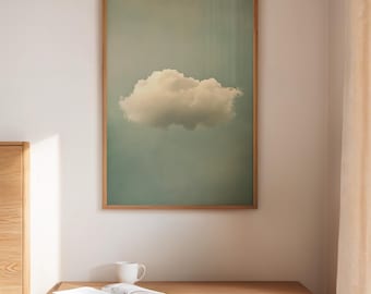 Lienzo minimalista de nubes: una nube blanca suave flotando sobre un cielo vintage, estética surrealista y de ensueño para la decoración moderna del hogar.